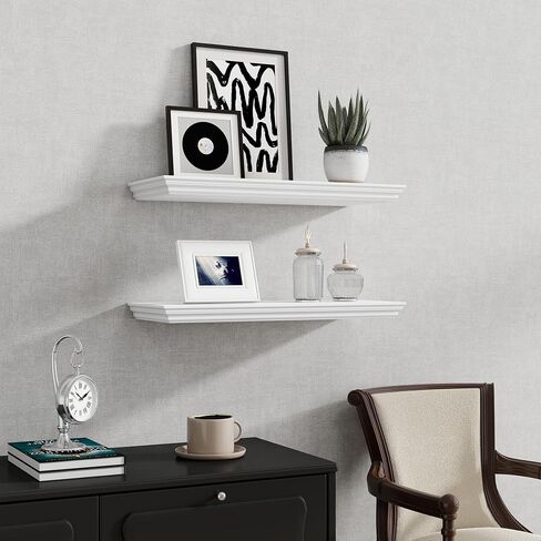Fun Memories Floating Shelves 24 Inch Long, 9.3 Inch Deep Classic Crown Molding Floating Shelves for Wall, Rustic Wooden Shelves for Wall Decor Bathroom, Kitchen, Office, (White, 2Pack) in Kuwait