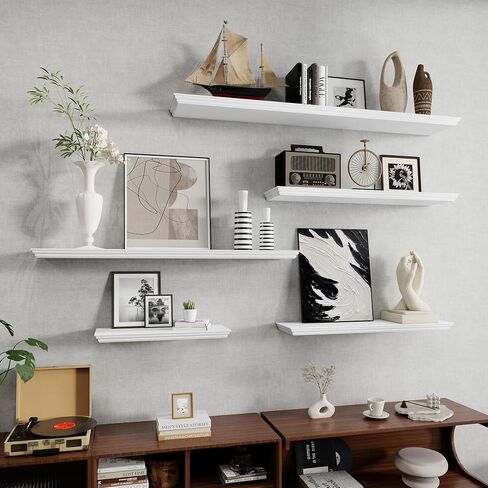 Fun Memories Floating Shelves 24 Inch Long, 9.3 Inch Deep Classic Crown Molding Floating Shelves for Wall, Rustic Wooden Shelves for Wall Decor Bathroom, Kitchen, Office, (White, 2Pack) in Kuwait