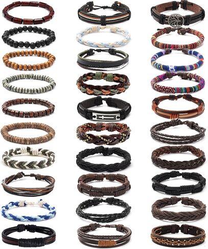 30Pcs Braided Leather Bracelets for Men Women Woven Cuff Wrap Bracelet Wood Beads Hemp Cords Ethnic Tribal Handmade Wrap Wristband Bracelets Set Adjustable in Saudi Arabia