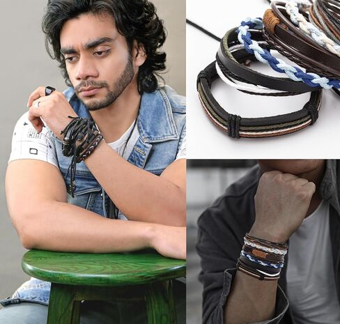 30Pcs Braided Leather Bracelets for Men Women Woven Cuff Wrap Bracelet Wood Beads Hemp Cords Ethnic Tribal Handmade Wrap Wristband Bracelets Set Adjustable in Saudi Arabia