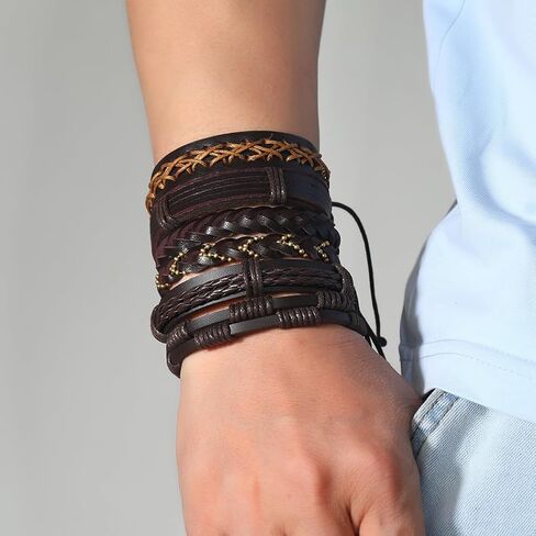 30Pcs Braided Leather Bracelets for Men Women Woven Cuff Wrap Bracelet Wood Beads Hemp Cords Ethnic Tribal Handmade Wrap Wristband Bracelets Set Adjustable in Saudi Arabia