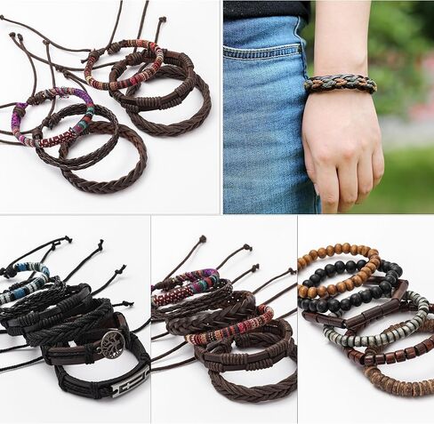 30Pcs Braided Leather Bracelets for Men Women Woven Cuff Wrap Bracelet Wood Beads Hemp Cords Ethnic Tribal Handmade Wrap Wristband Bracelets Set Adjustable in Saudi Arabia