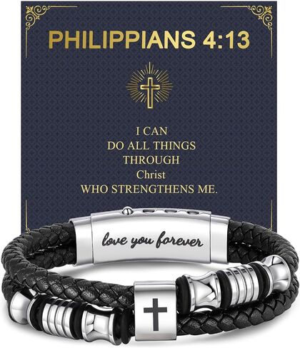 Men's Leather Cross Bracelet - Silver Double Row Braided Leather Cross Bracelet for Men with Inspirational Bible Verse Card, Faith Christian Religious Gift for Husband Son on Baptism Easter Birthday in Saudi Arabia