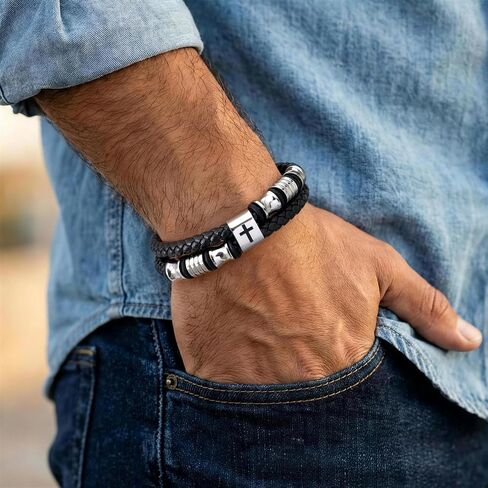 Men's Leather Cross Bracelet - Silver Double Row Braided Leather Cross Bracelet for Men with Inspirational Bible Verse Card, Faith Christian Religious Gift for Husband Son on Baptism Easter Birthday in Saudi Arabia