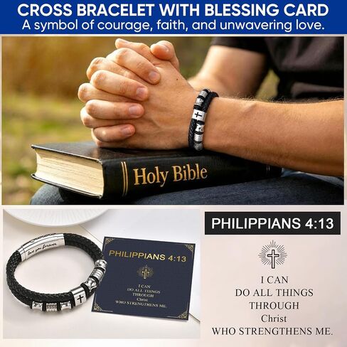 Men's Leather Cross Bracelet - Silver Double Row Braided Leather Cross Bracelet for Men with Inspirational Bible Verse Card, Faith Christian Religious Gift for Husband Son on Baptism Easter Birthday in Saudi Arabia