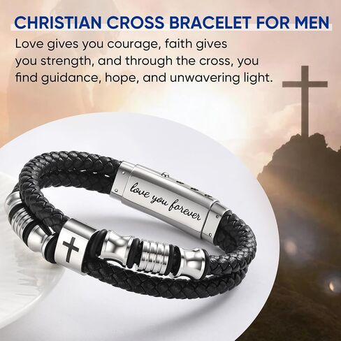 Men's Leather Cross Bracelet - Silver Double Row Braided Leather Cross Bracelet for Men with Inspirational Bible Verse Card, Faith Christian Religious Gift for Husband Son on Baptism Easter Birthday in Saudi Arabia
