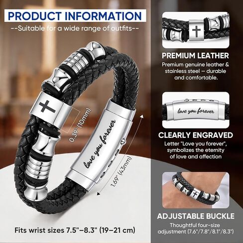 Men's Leather Cross Bracelet - Silver Double Row Braided Leather Cross Bracelet for Men with Inspirational Bible Verse Card, Faith Christian Religious Gift for Husband Son on Baptism Easter Birthday in Saudi Arabia