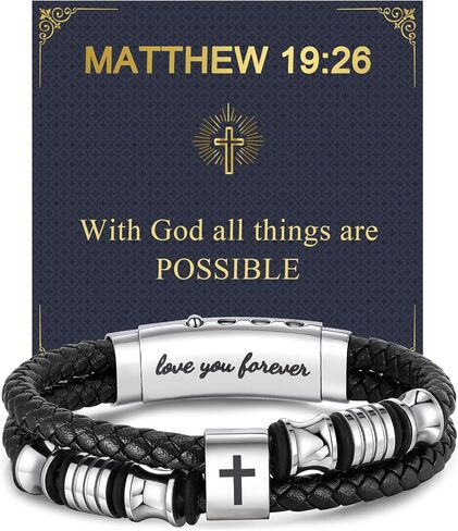 Men's Leather Cross Bracelet - Silver Double Row Braided Leather Cross Bracelet for Men with Inspirational Bible Verse Card, Faith Christian Religious Gift for Husband Son on Baptism Easter Birthday in Saudi Arabia