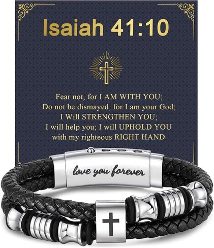 Men's Leather Cross Bracelet - Silver Double Row Braided Leather Cross Bracelet for Men with Inspirational Bible Verse Card, Faith Christian Religious Gift for Husband Son on Baptism Easter Birthday in Saudi Arabia