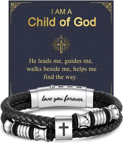 Men's Leather Cross Bracelet - Silver Double Row Braided Leather Cross Bracelet for Men with Inspirational Bible Verse Card, Faith Christian Religious Gift for Husband Son on Baptism Easter Birthday in Saudi Arabia