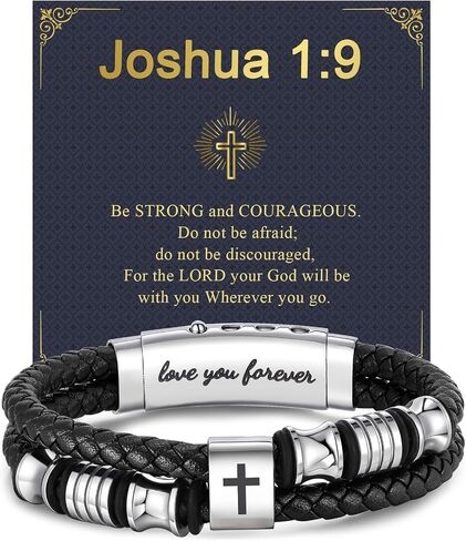 Men's Leather Cross Bracelet - Silver Double Row Braided Leather Cross Bracelet for Men with Inspirational Bible Verse Card, Faith Christian Religious Gift for Husband Son on Baptism Easter Birthday in Saudi Arabia