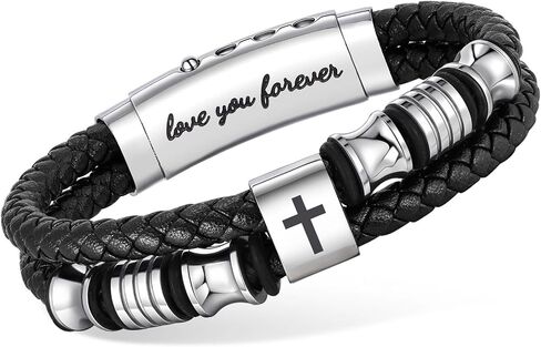 Men's Leather Cross Bracelet - Silver Double Row Braided Leather Cross Bracelet for Men with Inspirational Bible Verse Card, Faith Christian Religious Gift for Husband Son on Baptism Easter Birthday in Saudi Arabia