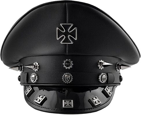 Unisex German Style Military Captain Hat Leather Army Cap with Steampunk Gothic Cross Rivet for Halloween Costume in Kuwait