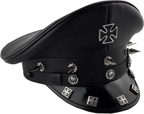 Unisex German Style Military Captain Hat Leather Army Cap with Steampunk Gothic Cross Rivet for Halloween Costume in Kuwait
