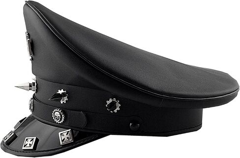 Unisex German Style Military Captain Hat Leather Army Cap with Steampunk Gothic Cross Rivet for Halloween Costume in Kuwait