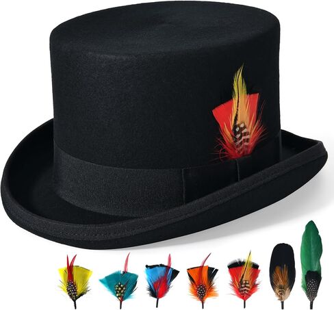 Willheoy Mens Top Hat for Women 100% Wool Black Felt Top Hat Costume with 7pcs Feather Party Dress Tophat Magician Hats in Saudi Arabia