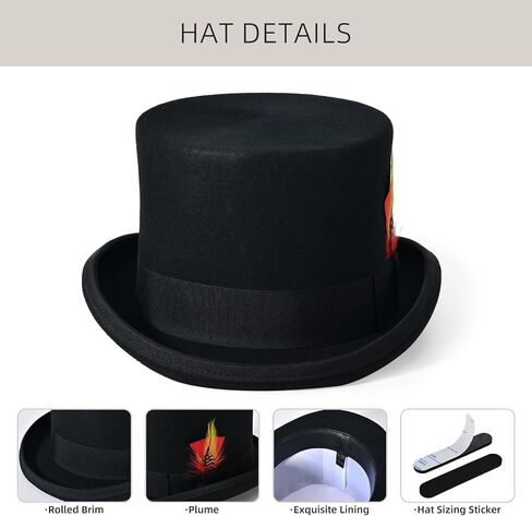 Willheoy Mens Top Hat for Women 100% Wool Black Felt Top Hat Costume with 7pcs Feather Party Dress Tophat Magician Hats in Saudi Arabia