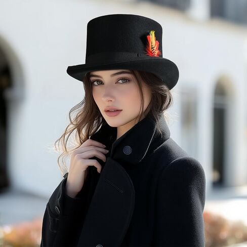 Willheoy Mens Top Hat for Women 100% Wool Black Felt Top Hat Costume with 7pcs Feather Party Dress Tophat Magician Hats in Saudi Arabia