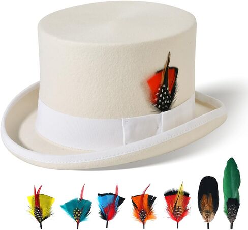 Willheoy Mens Top Hat for Women 100% Wool Black Felt Top Hat Costume with 7pcs Feather Party Dress Tophat Magician Hats in Saudi Arabia