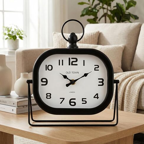 Vintage Metal Table Clock - 9.8" Retro Silent Non-Ticking Desk Clock with Pocket Watch Style Loop - Battery Operated Decorative Shelf Clock for Farmhouse Living Room, Bedroom, Office (Black) in Saudi Arabia