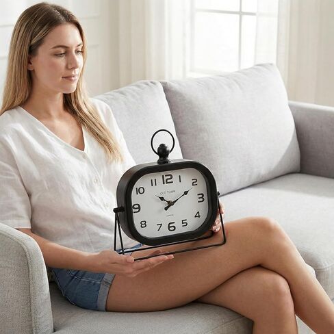 Vintage Metal Table Clock - 9.8" Retro Silent Non-Ticking Desk Clock with Pocket Watch Style Loop - Battery Operated Decorative Shelf Clock for Farmhouse Living Room, Bedroom, Office (Black) in Saudi Arabia
