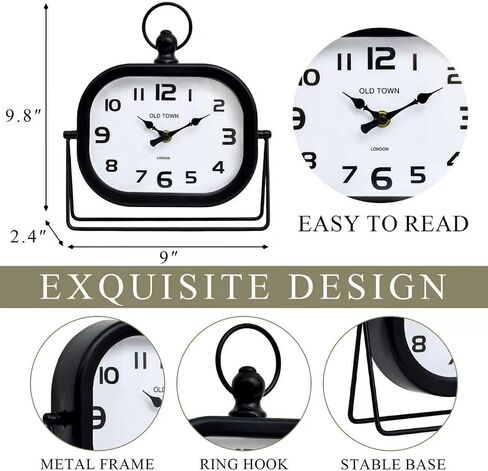 Vintage Metal Table Clock - 9.8" Retro Silent Non-Ticking Desk Clock with Pocket Watch Style Loop - Battery Operated Decorative Shelf Clock for Farmhouse Living Room, Bedroom, Office (Black) in Saudi Arabia