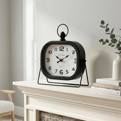 Vintage Metal Table Clock - 9.8" Retro Silent Non-Ticking Desk Clock with Pocket Watch Style Loop - Battery Operated Decorative Shelf Clock for Farmhouse Living Room, Bedroom, Office (Black) in Saudi Arabia