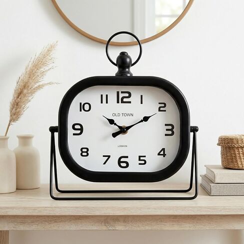 Vintage Metal Table Clock - 9.8" Retro Silent Non-Ticking Desk Clock with Pocket Watch Style Loop - Battery Operated Decorative Shelf Clock for Farmhouse Living Room, Bedroom, Office (Black) in Saudi Arabia