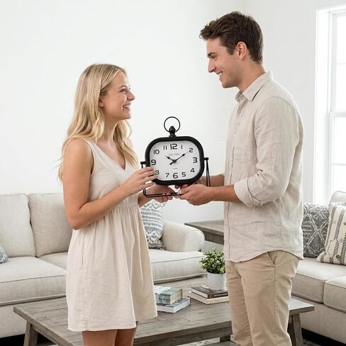 Vintage Metal Table Clock - 9.8" Retro Silent Non-Ticking Desk Clock with Pocket Watch Style Loop - Battery Operated Decorative Shelf Clock for Farmhouse Living Room, Bedroom, Office (Black) in Saudi Arabia