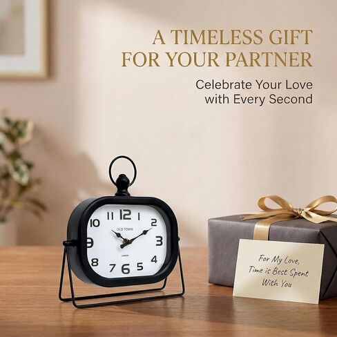 Vintage Metal Table Clock - 9.8" Retro Silent Non-Ticking Desk Clock with Pocket Watch Style Loop - Battery Operated Decorative Shelf Clock for Farmhouse Living Room, Bedroom, Office (Black) in Saudi Arabia