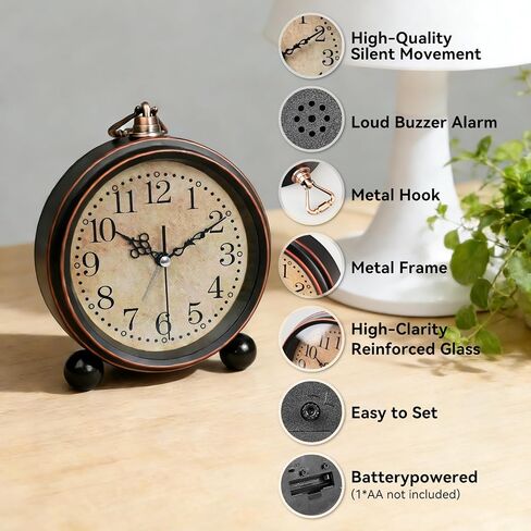Vintage Alarm Clock, 5 Inch Silent Non-Ticking Battery Operated Small Clock, Classic Old School Retro Analog Alarm Clock Decor for Bedroom Bedside, Mantel, Shelf, Desktop in Kuwait