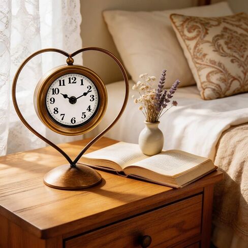 Gold Metal Heart Table Clock, Vintage Retro Desk Clock for Women, Romantic Home Decor, Ideal Gift for Her Birthday Anniversary in Saudi Arabia