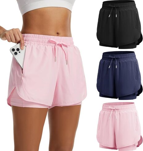 MLYENX 2 in 1 Running Shorts for Women High Waisted Athletic Workout Gym Shorts with Zipper Pockets Quick Dry in Saudi Arabia