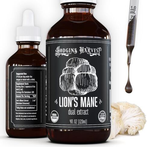 Hodgins Harvest Organic Lion's Mane Fruiting Body Extract Tincture - Mushroom Supplement for Brain Health and Mental Focus - Dual Extract Formula - Extra Concentrated - 4 fl oz Bottle in Kuwait