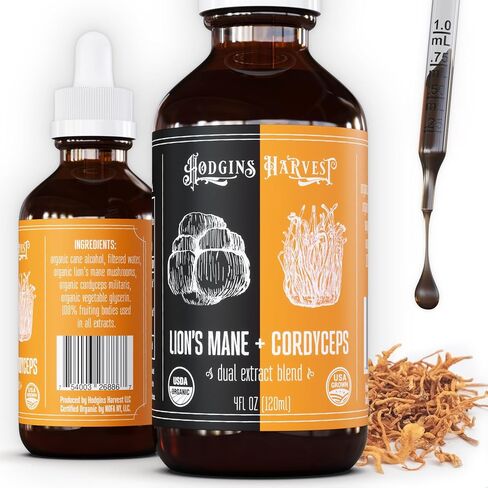 Hodgins Harvest Organic Lion's Mane Fruiting Body Extract Tincture - Mushroom Supplement for Brain Health and Mental Focus - Dual Extract Formula - Extra Concentrated - 4 fl oz Bottle in Saudi Arabia