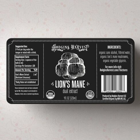 Hodgins Harvest Organic Lion's Mane Fruiting Body Extract Tincture - Mushroom Supplement for Brain Health and Mental Focus - Dual Extract Formula - Extra Concentrated - 4 fl oz Bottle in Kuwait