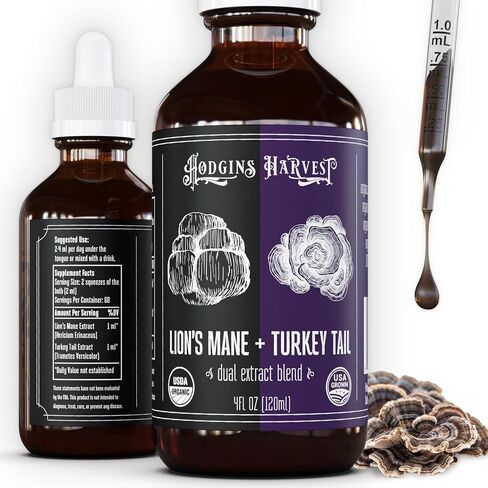 Hodgins Harvest Organic Lion's Mane Fruiting Body Extract Tincture - Mushroom Supplement for Brain Health and Mental Focus - Dual Extract Formula - Extra Concentrated - 4 fl oz Bottle in Kuwait