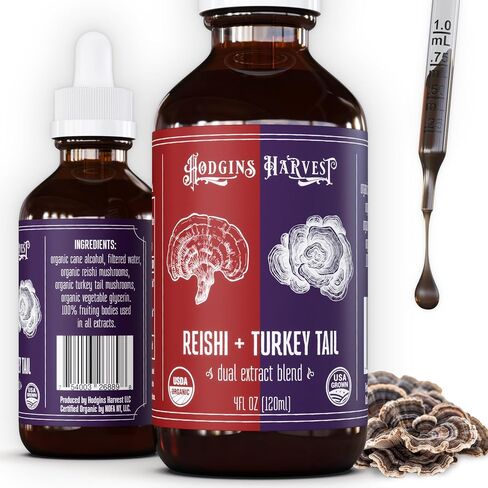 Hodgins Harvest Organic Lion's Mane Fruiting Body Extract Tincture - Mushroom Supplement for Brain Health and Mental Focus - Dual Extract Formula - Extra Concentrated - 4 fl oz Bottle in Kuwait