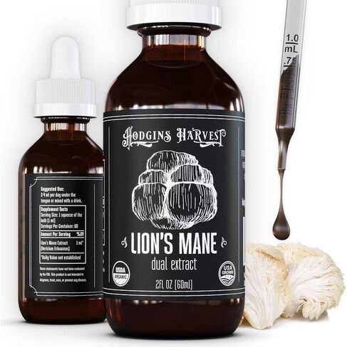 Hodgins Harvest Organic Lion's Mane Fruiting Body Extract Tincture - Mushroom Supplement for Brain Health and Mental Focus - Dual Extract Formula - Extra Concentrated - 4 fl oz Bottle in Kuwait