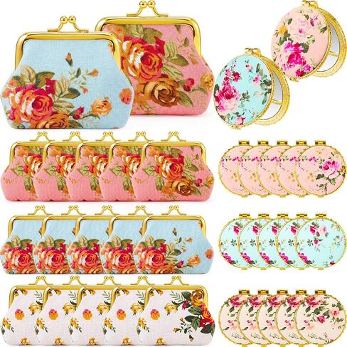 30 Pcs Tea Party Favors for Women Vintage Floral Gifts Bulk Flower Coin Purse Change Wallets and Compact Pocket Mirror Set Indian Pooja Return Gift for Wedding Women(Gold Edge) in Kuwait