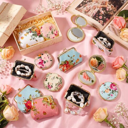 30 Pcs Tea Party Favors for Women Vintage Floral Gifts Bulk Flower Coin Purse Change Wallets and Compact Pocket Mirror Set Indian Pooja Return Gift for Wedding Women(Gold Edge) in Kuwait