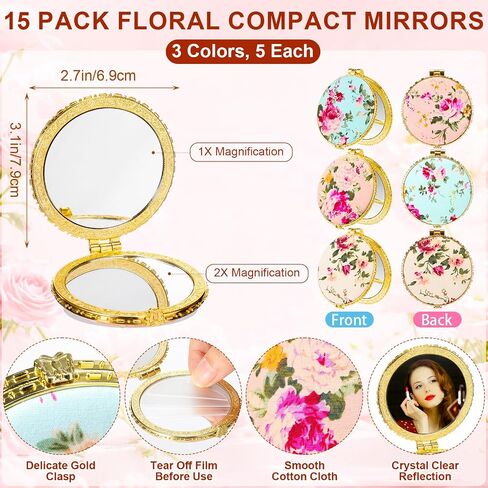 30 Pcs Tea Party Favors for Women Vintage Floral Gifts Bulk Flower Coin Purse Change Wallets and Compact Pocket Mirror Set Indian Pooja Return Gift for Wedding Women(Gold Edge) in Kuwait