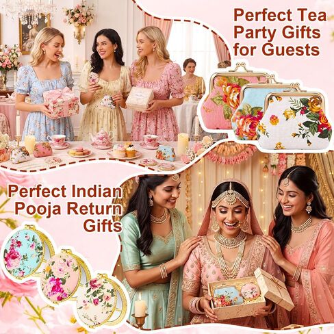 30 Pcs Tea Party Favors for Women Vintage Floral Gifts Bulk Flower Coin Purse Change Wallets and Compact Pocket Mirror Set Indian Pooja Return Gift for Wedding Women(Gold Edge) in Kuwait