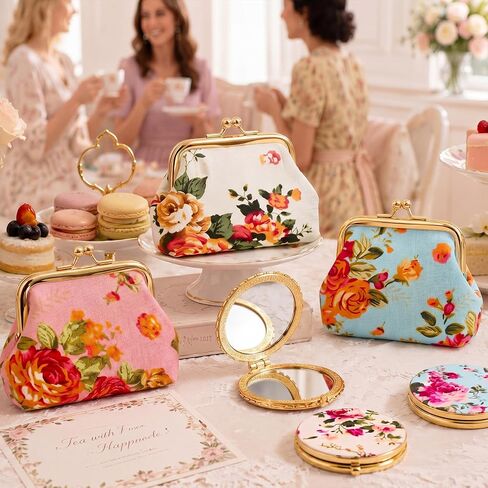 30 Pcs Tea Party Favors for Women Vintage Floral Gifts Bulk Flower Coin Purse Change Wallets and Compact Pocket Mirror Set Indian Pooja Return Gift for Wedding Women(Gold Edge) in Kuwait