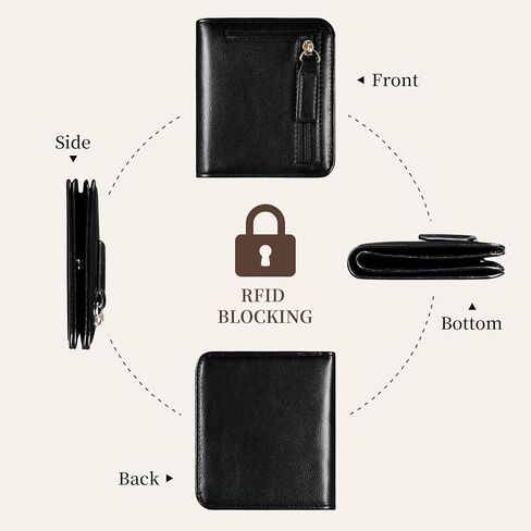 محفظة صغيرة للنساء مزودة بخاصية تحديد الهوية بموجات الراديو (RFID) مصنوعة من الجلد ثنائي الطي وحامل بطاقات مدمج للنساء مع سحاب وجيب للعملات المعدنية ونافذة لبطاقة الهوية (أسود) in Kuwait