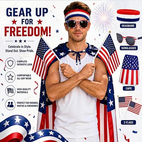 American Flag Costume Cape 4th of July 250 anniversary Patriotic Costume Accessories Set, Flag, Cape, Headband in Saudi Arabia