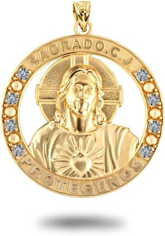 10K or 14K Yellow Gold Sacred Heart Of Jesus/Sagrado Corazon De Jesus Protegenos CZ Medalla Pendant Necklace - Choose Pendant Only or Necklace with Chain in Kuwait