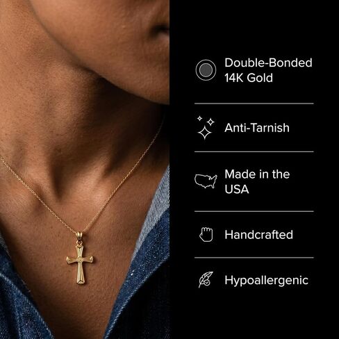 CROSS + CROWN Premium 14K Yellow Gold Cross Pendant, Durable Double-Bonded 14K Pendant for Necklace, Women & Mens Gold Cross for Chain, Handcrafted Religious Jewelry in the USA, 1.25" in Saudi Arabia