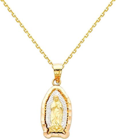 The World Jewelry Center 14k Tone Gold Religious Mary Guadlupe Pendant with 0.9mm Cable Chain Necklace in Kuwait