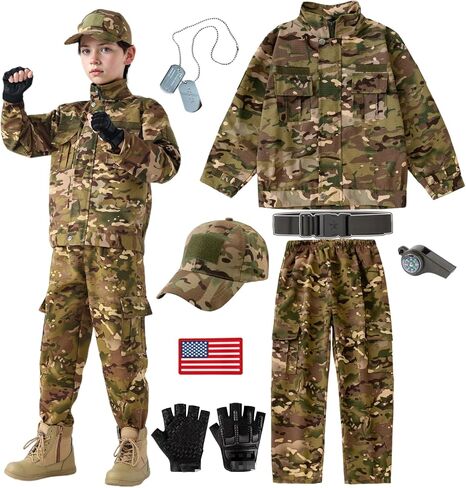 Klocerg Kids Tactical Camo 8-Pc Set, Boys Soldier Role Play Halloween Costume, Outdoor Army Uniform, Hat Belt Gloves Whistle in Saudi Arabia